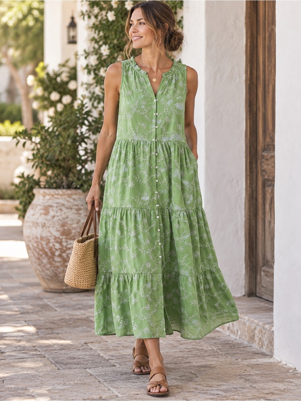 J. Jill Green Embroidered Cotton Tiered Maxi Dress